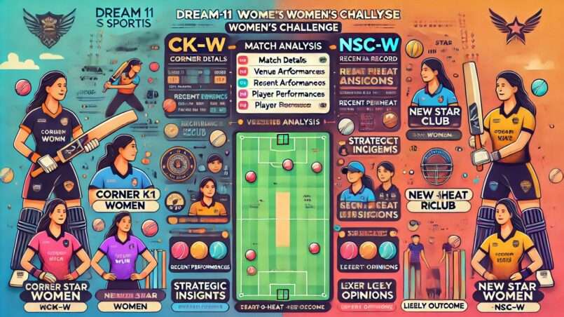 detailed sports analysis infographic for the Dream11 Assam T20 Women’s Challenge match between Corner Kick Women (CK-W) and New Star Club Women (NSC-W).