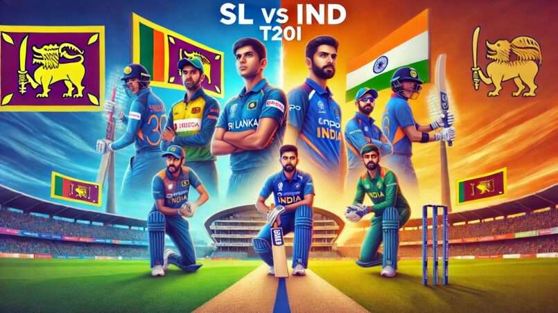 image depicting the key players from Sri Lanka and India facing off for the upcoming T20I match at Pallekele International Cricket Stadium. The background showcases the stadium with a lively crowd, while the players exhibit determination and focus, reflecting the intense rivalry and excitement of the match for SL vs IND Dream11 Prediction