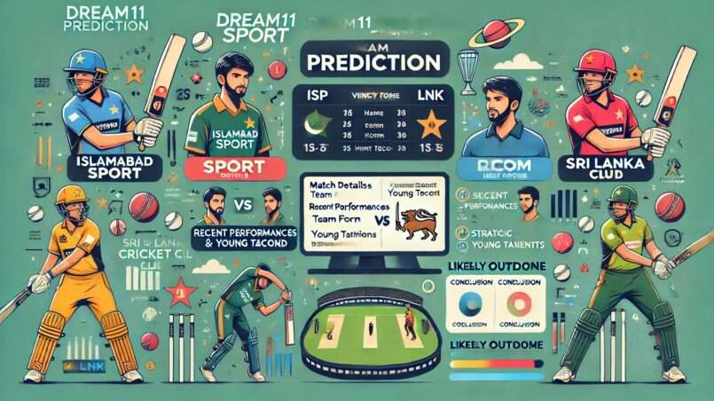 Infographic for Dream11 prediction between Islamabad Sport (ISP) and Sri Lanka Customs Cricket Club (LNK), featuring match details, venue analysis, recent performances, player data, head-to-head record, strategic insights, expert opinions, likely outcome, and conclusion for ISP vs LNK Dream11 Prediction